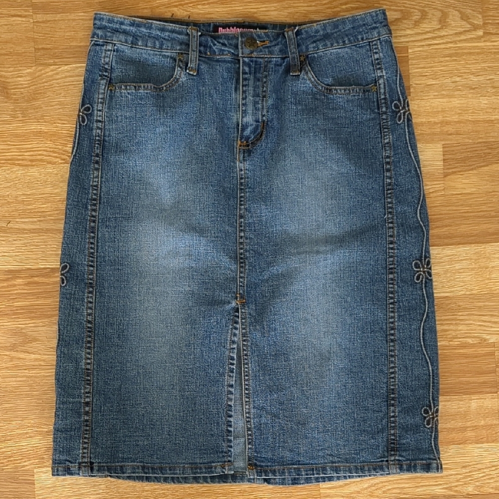 Bubblegum Blue Denim Pencil Midi Skirt, Size 7/8